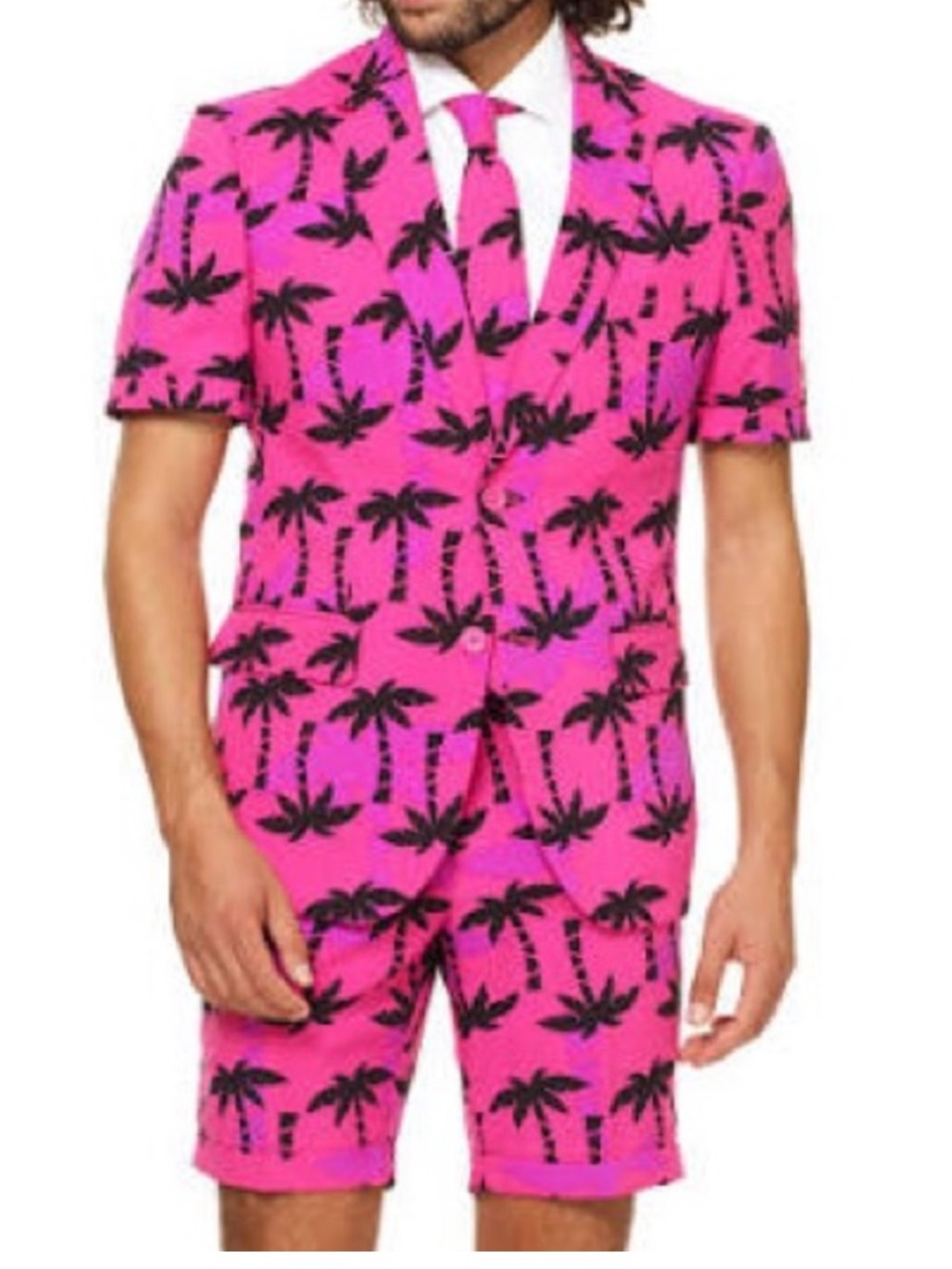 OppoSuits Hot Pink Palm-Print Short Suit with Tie